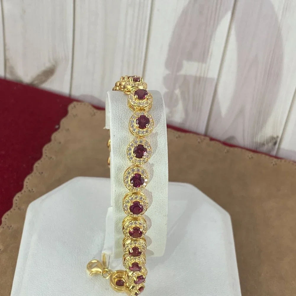 NEW Rhodolite 20 4MM Garnet with CZ Halo Settings 925 Gold Vermeil Bracelet - Picture 1 of 9